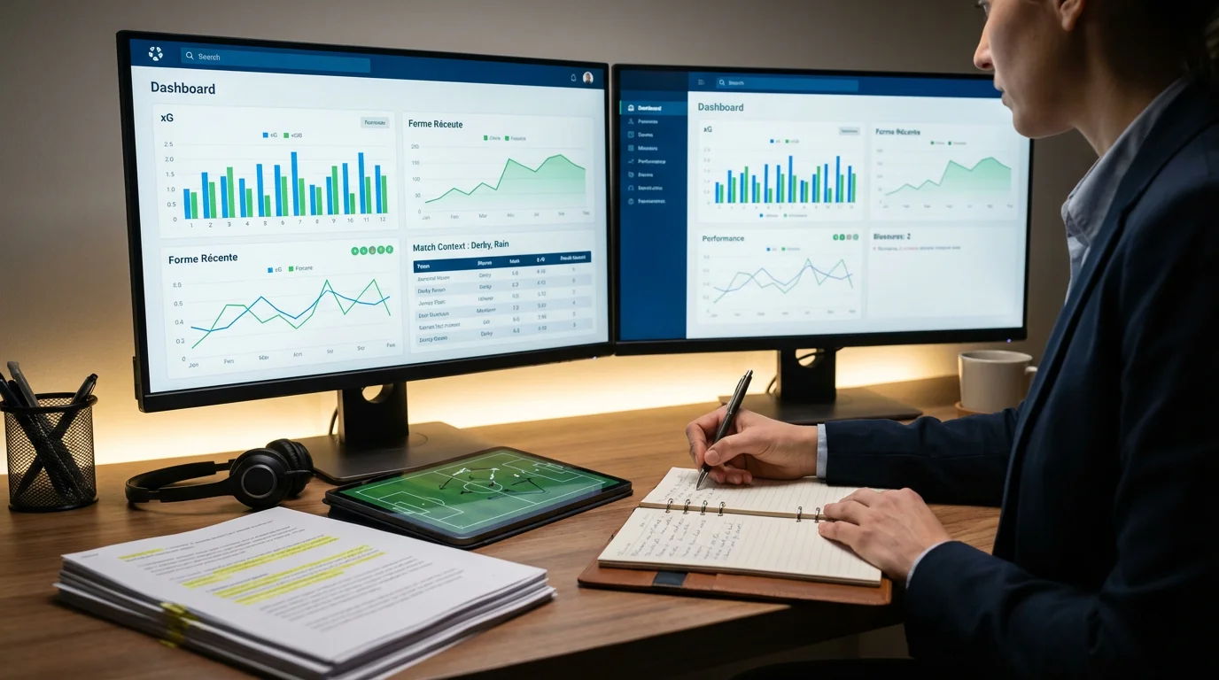 Espace de travail d'analyste sportif avec écrans affichant des statistiques et graphiques de performance football
