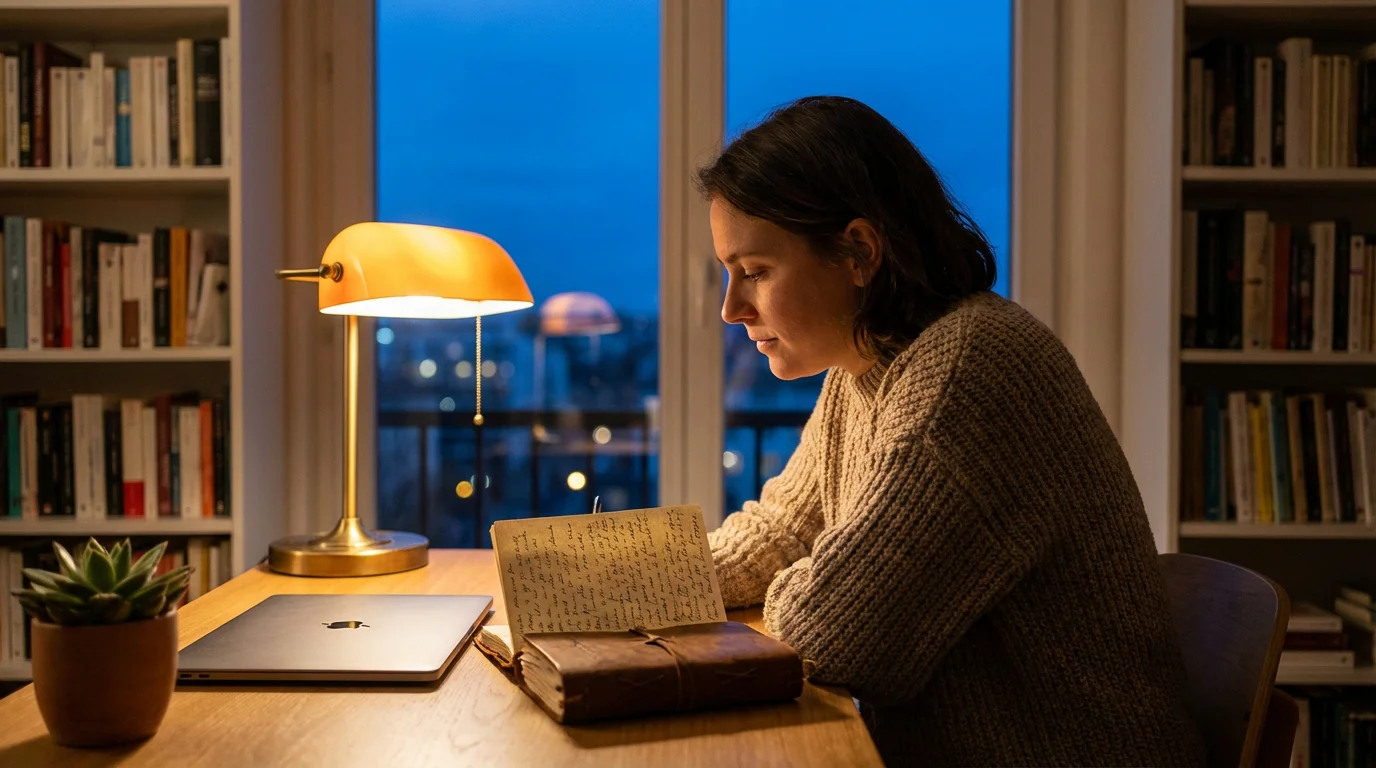 Personne écrivant dans un journal de réflexion dans un bureau confortable avec éclairage chaleureux représentant l'apprentissage continu