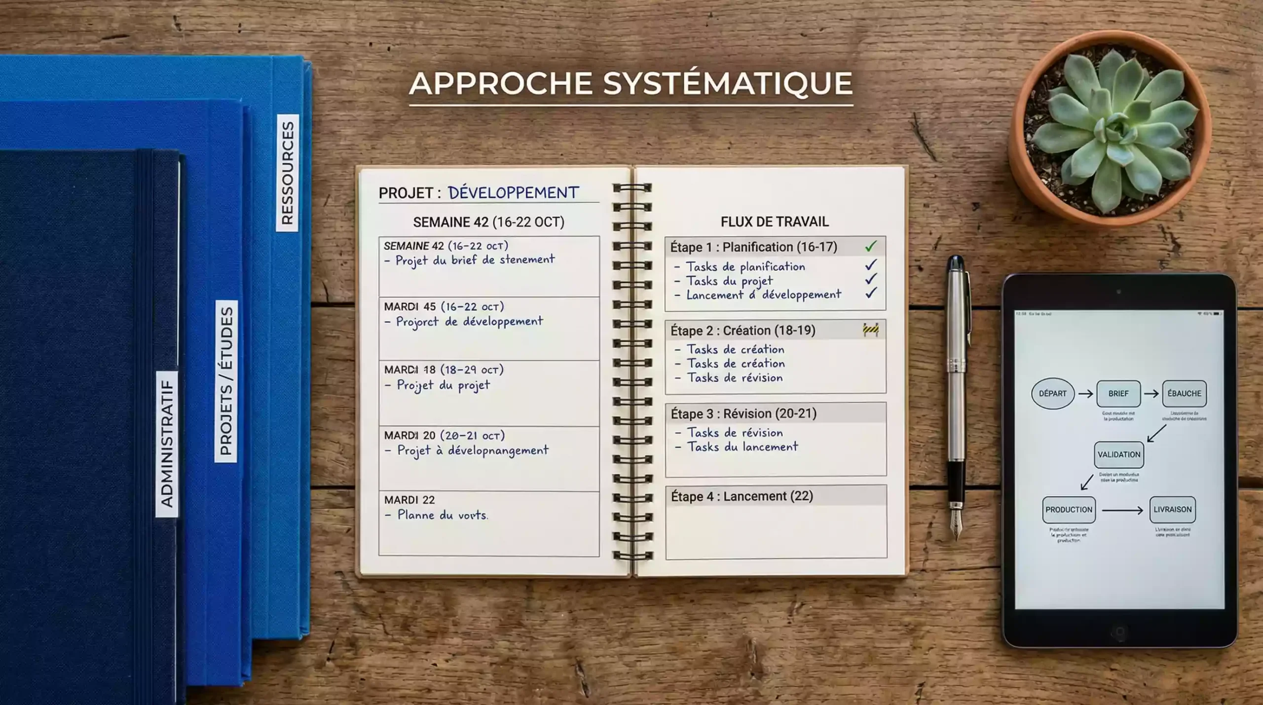 Vue du dessus d'un bureau organisé avec agenda, dossiers colorés et tablette montrant un diagramme de flux représentant une méthodologie structurée