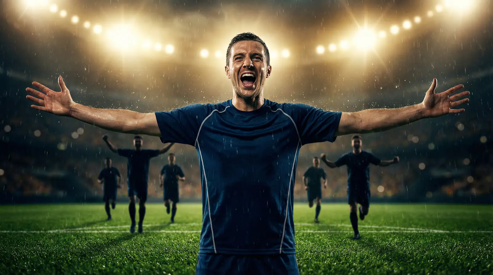 Attaquant de football professionnel célébrant un but avec les bras écartés sous les projecteurs du stade