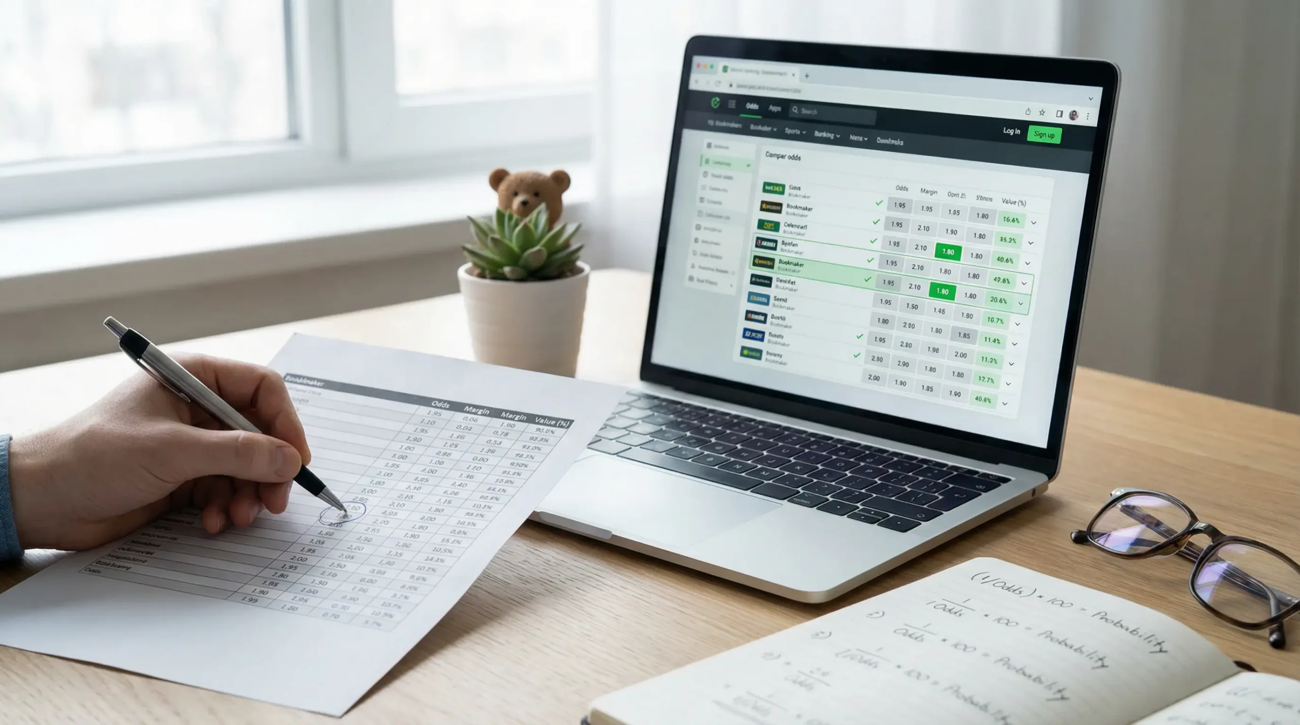 Comparaison de cotes de paris sportifs sur ordinateur portable avec analyse manuscrite des probabilités