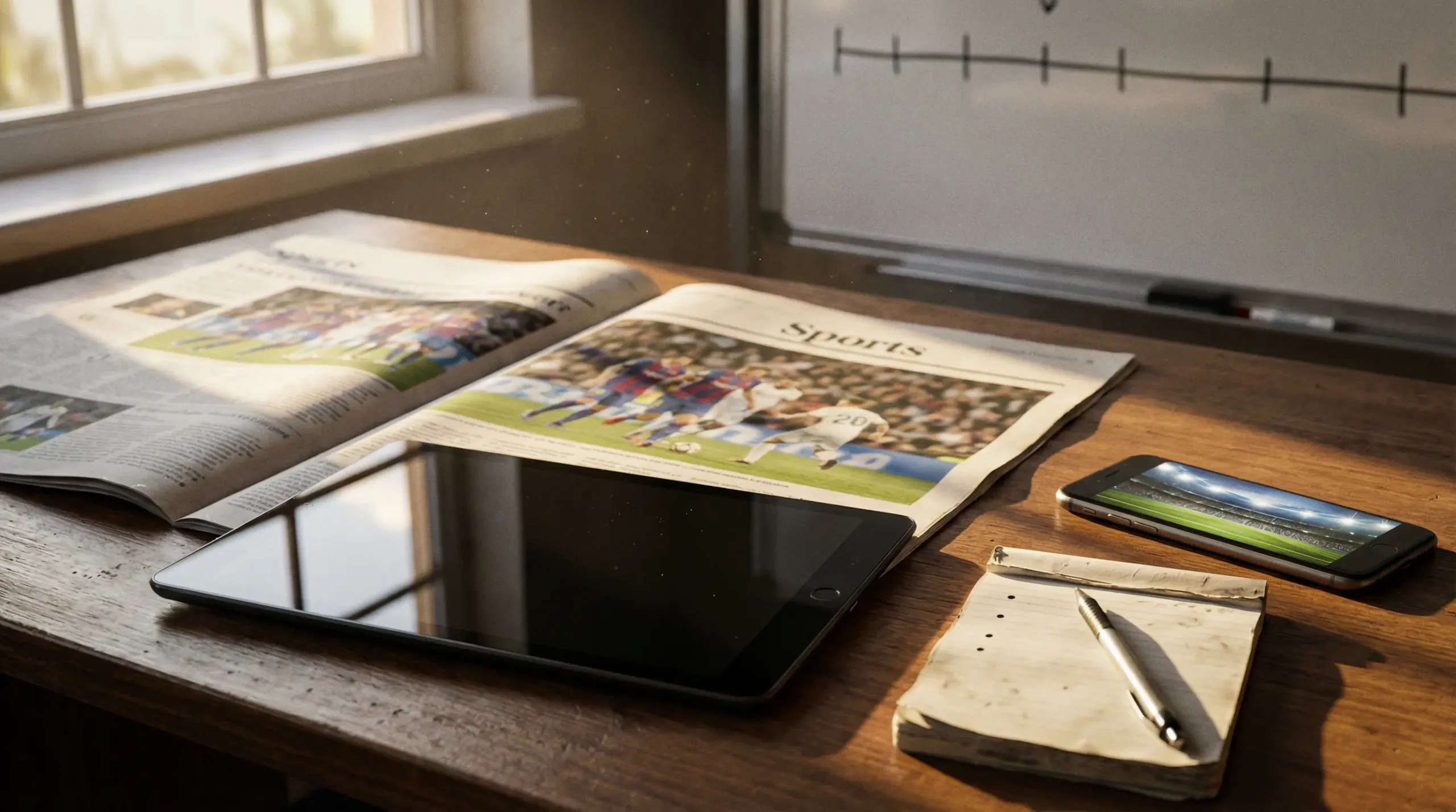 Bureau avec différentes sources d'information sur le football incluant journal, tablette et carnet de notes pour la recherche contextuelle