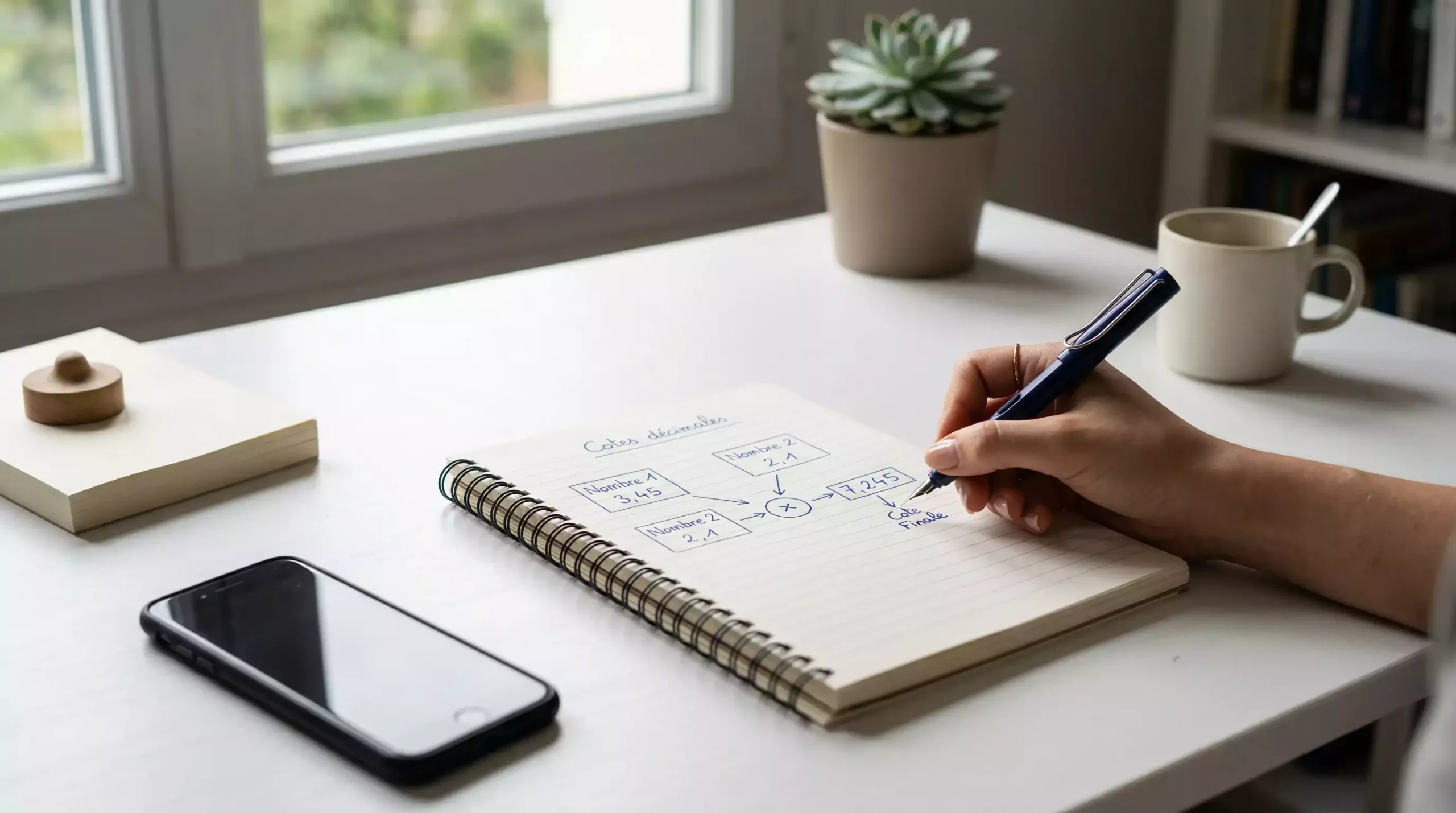 Bureau épuré avec carnet de notes montrant des symboles mathématiques simples représentant l'apprentissage des fondamentaux des cotes