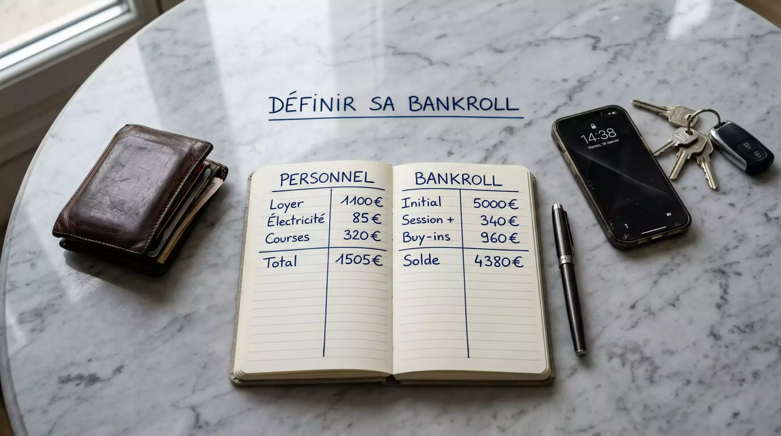 Surface en marbre avec portefeuille en cuir séparé des objets quotidiens représentant la définition et la séparation du capital dédié