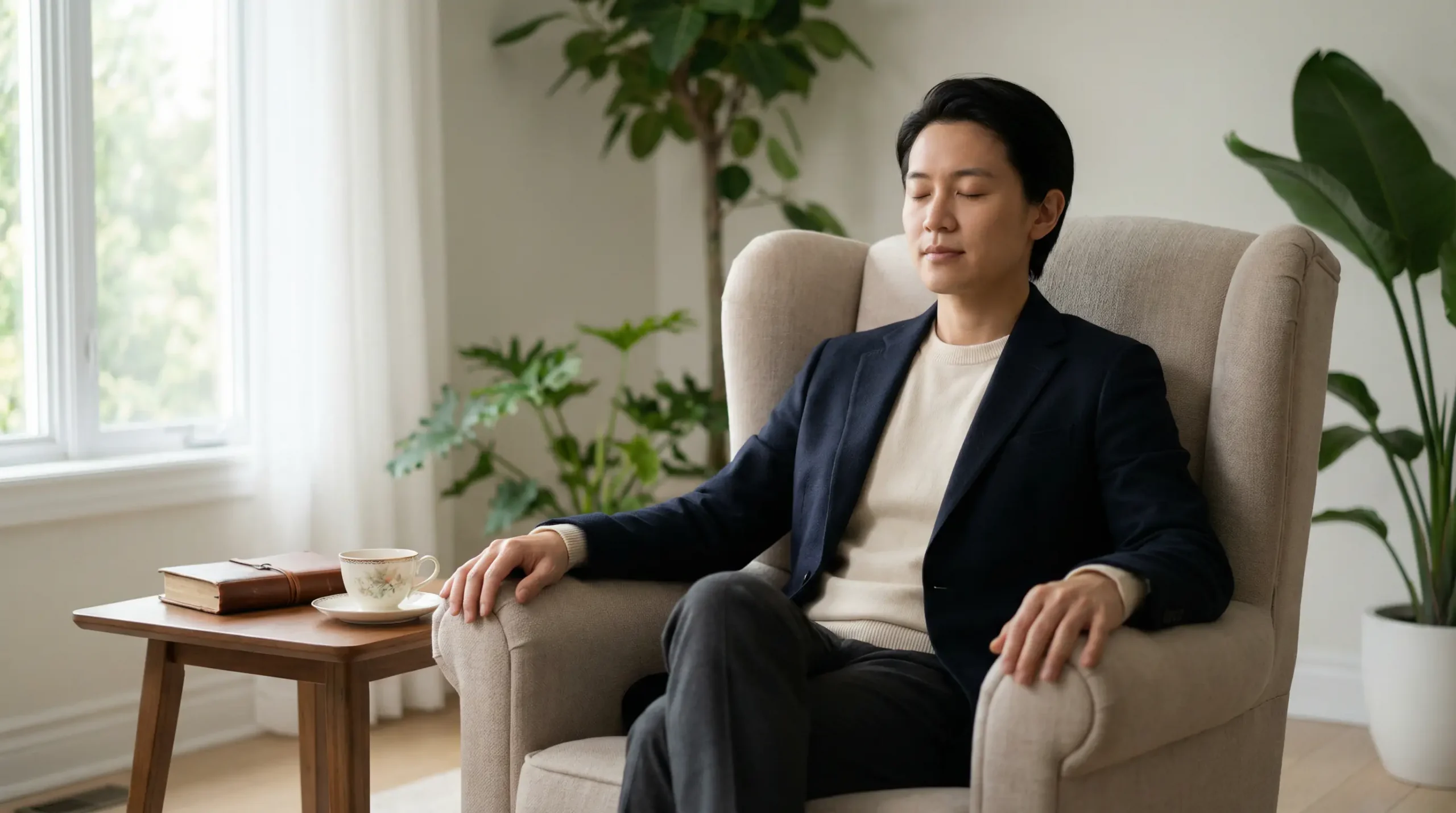 Personne assise sereinement dans un fauteuil confortable en position méditative représentant la maîtrise émotionnelle et la discipline intérieure