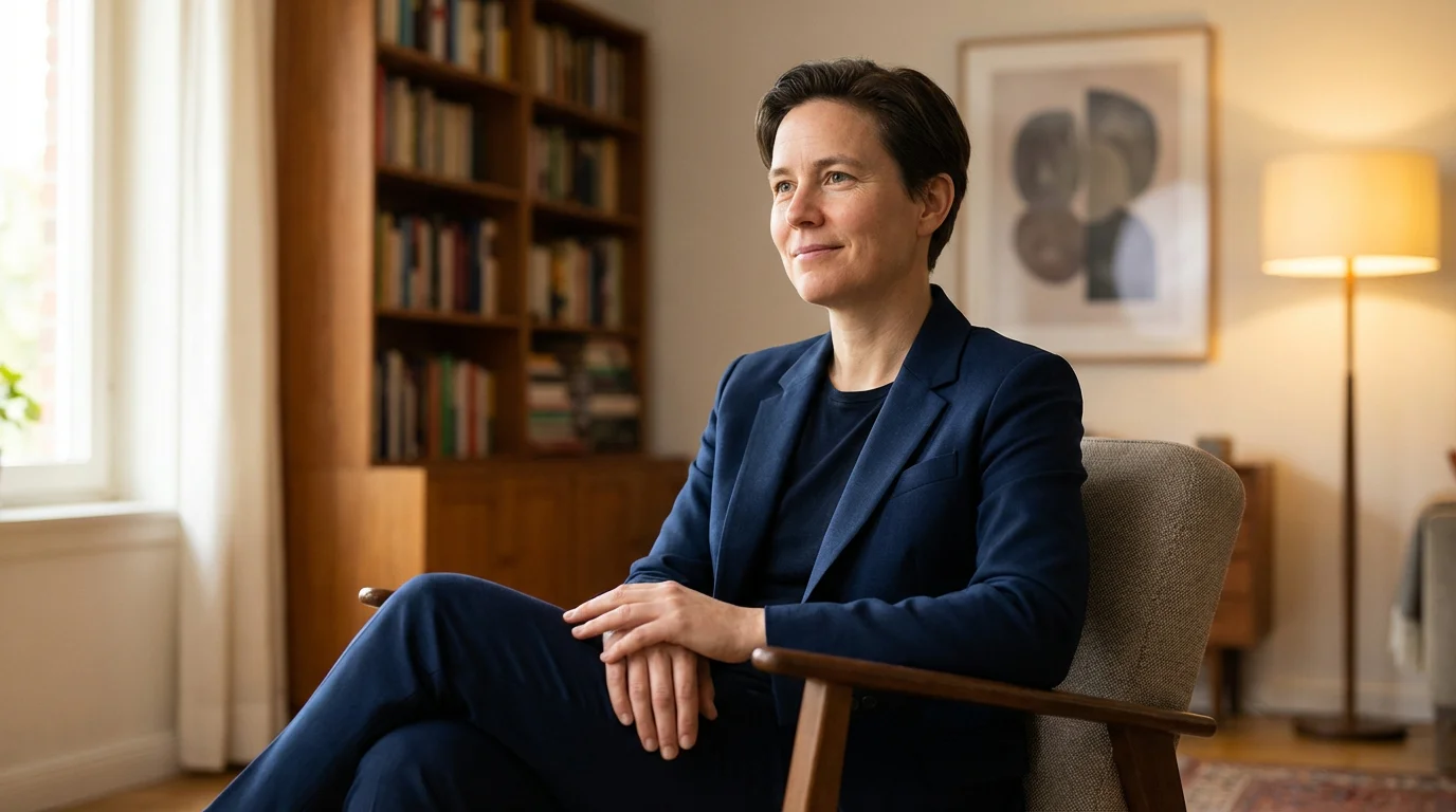 Portrait d'une personne sereine et composée dans un environnement calme représentant la maîtrise de soi et la discipline émotionnelle