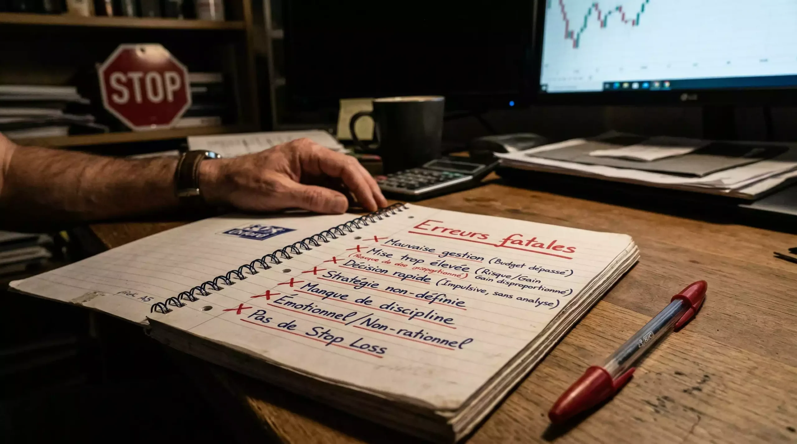 Journal ouvert avec symboles d'avertissement dessinés à la main et stylo rouge représentant la vigilance face aux erreurs critiques