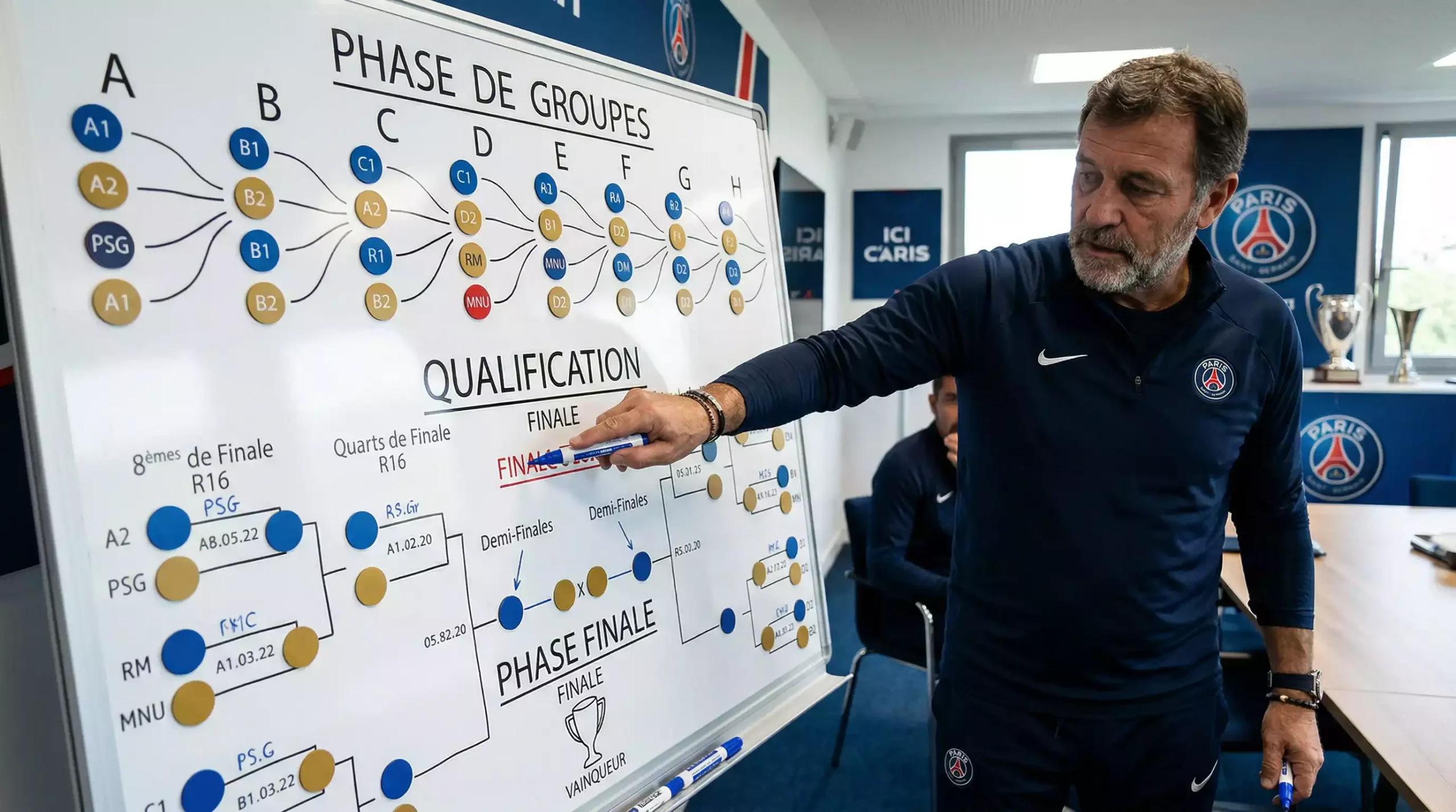 Tableau tactique montrant la structure du format de la Ligue des Champions avec les différentes phases de qualification
