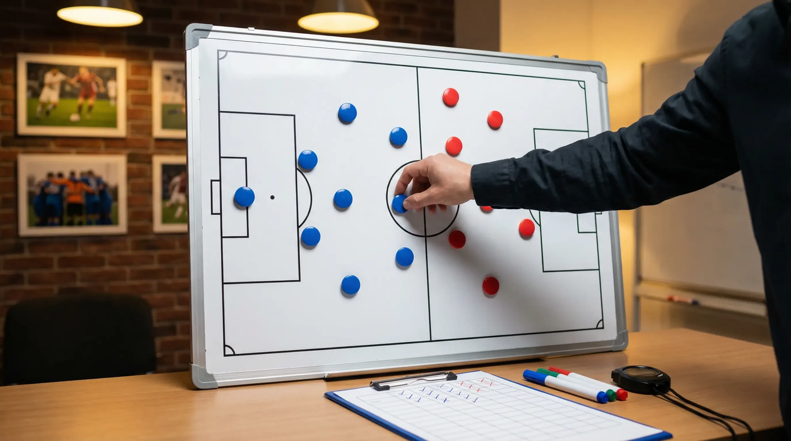 Tableau tactique de football avec pièces magnétiques représentant les joueurs et outils d'analyse d'entraîneur