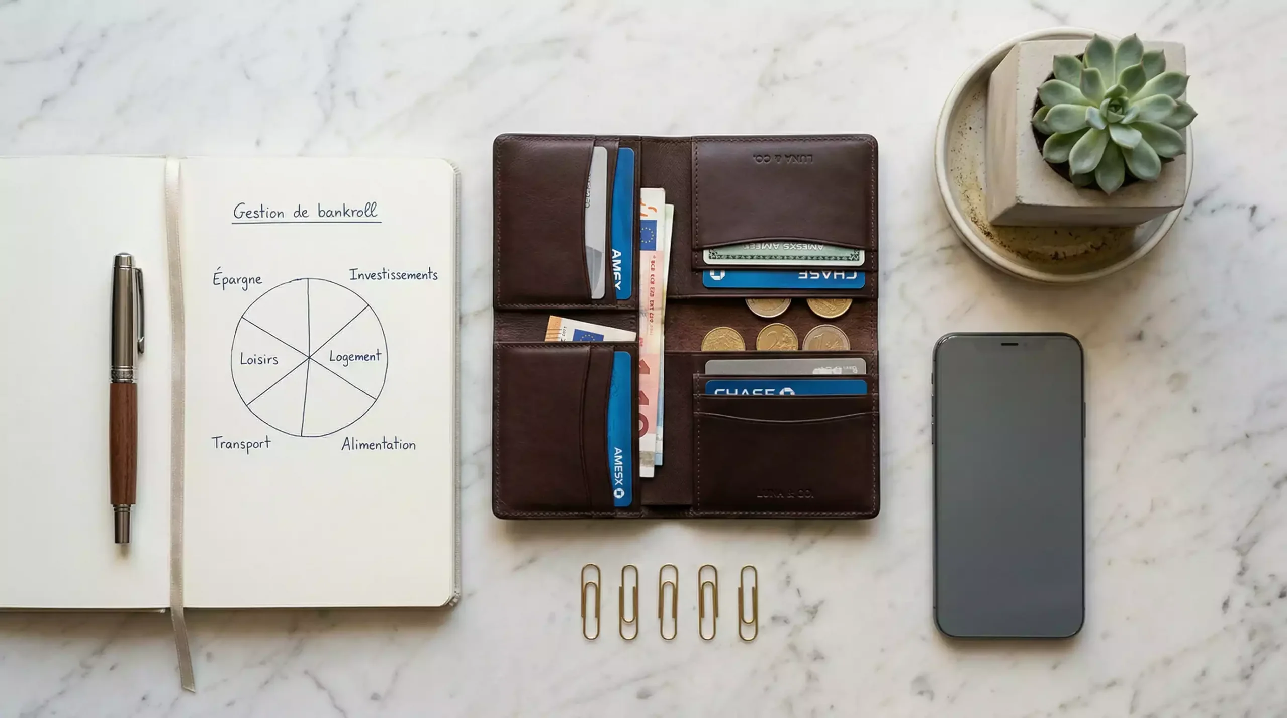 Vue du dessus d'un bureau organisé avec portefeuille et outils de planification financière représentant la gestion disciplinée du capital