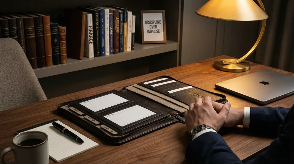 Scène de planification financière sophistiquée avec portfolio en cuir et bureau organisé représentant la gestion disciplinée du capital