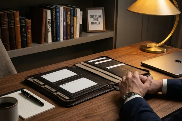 Scène de planification financière sophistiquée avec portfolio en cuir et bureau organisé représentant la gestion disciplinée du capital