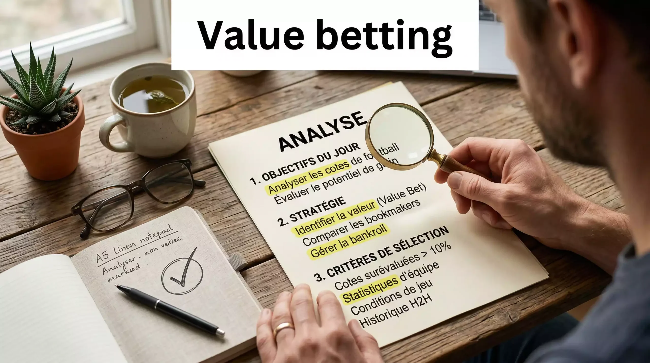 Mains tenant une loupe examinant un document avec surbrillance représentant la découverte d'opportunités cachées