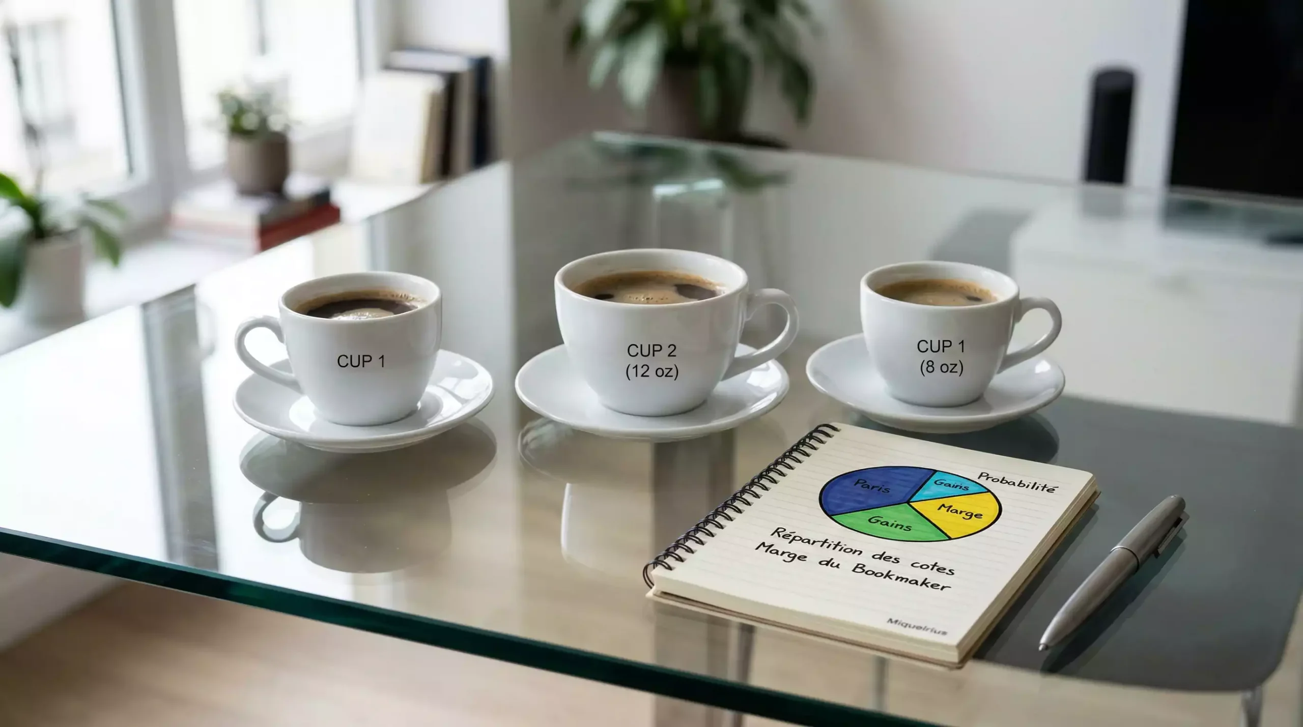 Composition conceptuelle avec tasses en céramique et diagramme circulaire représentant la compréhension des marges et proportions du marché