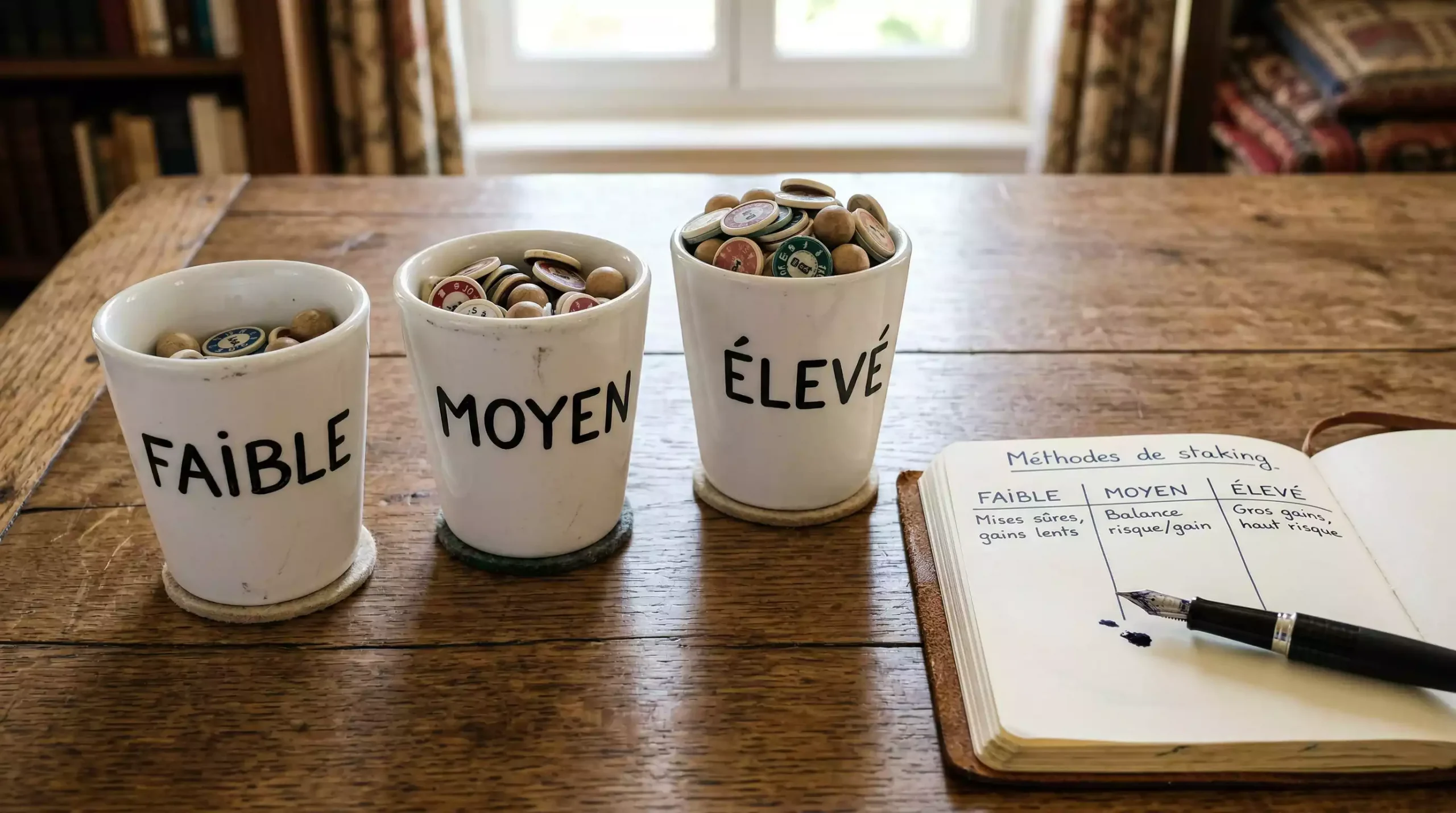 Bureau avec trois bols contenant différentes quantités de sphères en bois illustrant les différents niveaux d'allocation proportionnelle