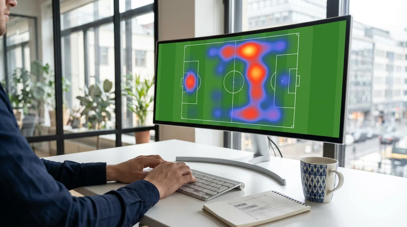 Espace de travail d'analyste de données football avec écran affichant une carte de chaleur simplifiée du terrain