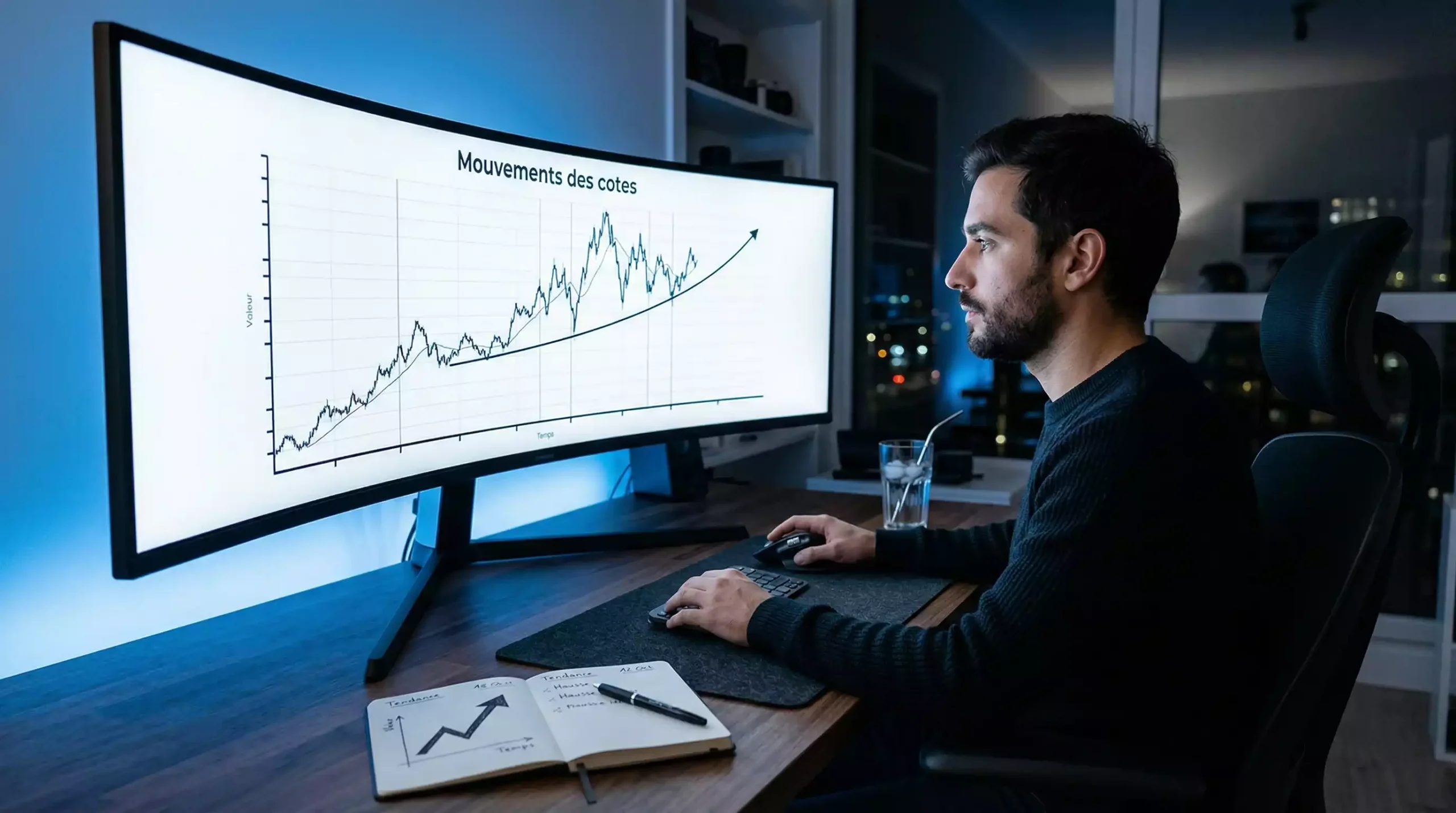 Écran moderne affichant une ligne ondulée représentant les mouvements dynamiques du marché et l'attention portée aux changements