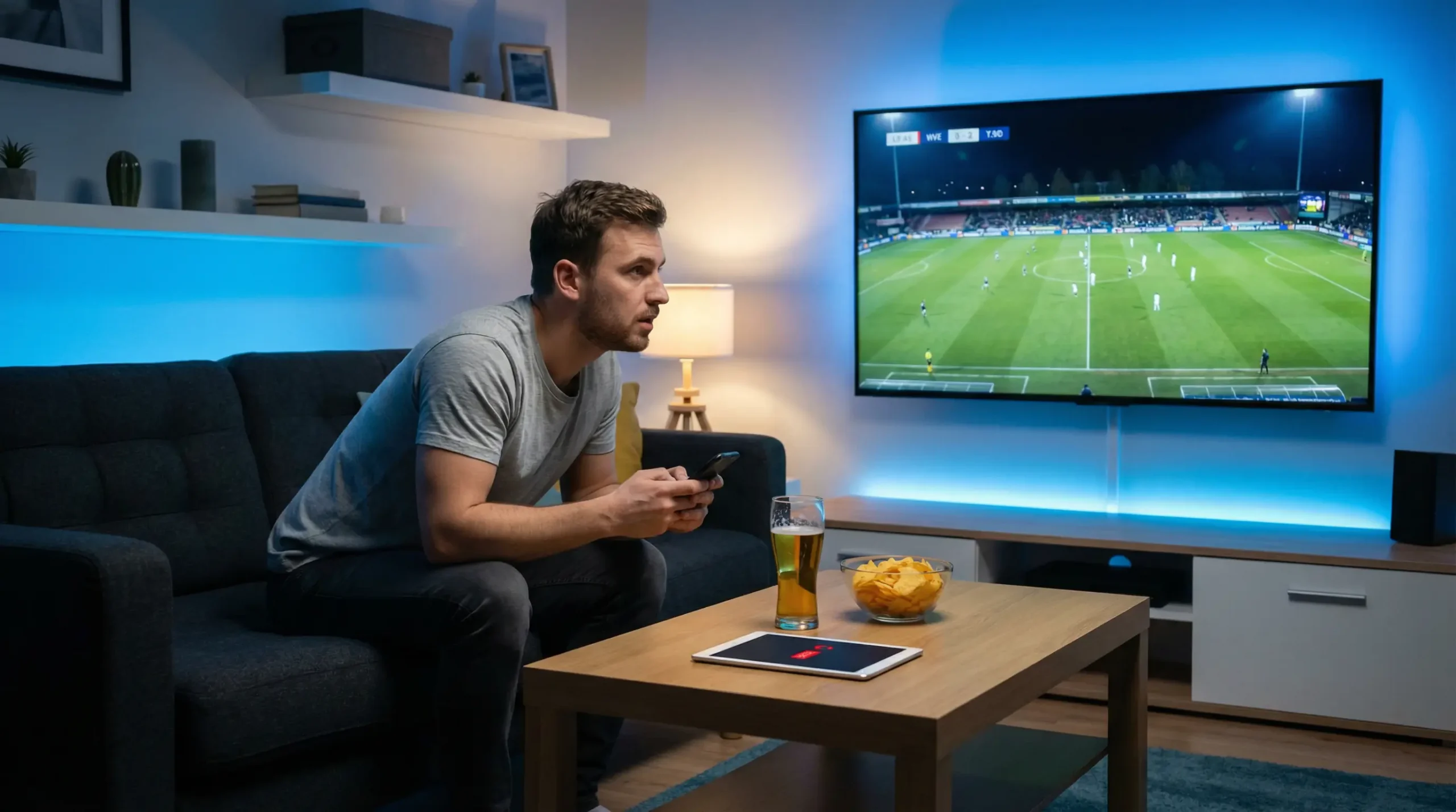 Personne regardant un match de football en direct à la télévision avec smartphone en main dans un salon moderne