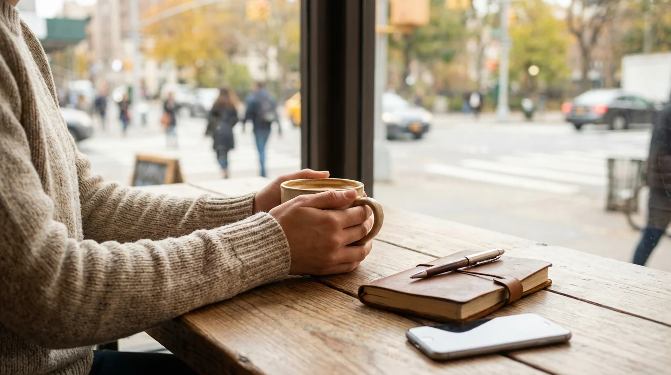 Personne tenant une tasse de café dans un café avec vue sur la vie quotidienne représentant l'équilibre et le détachement sain
