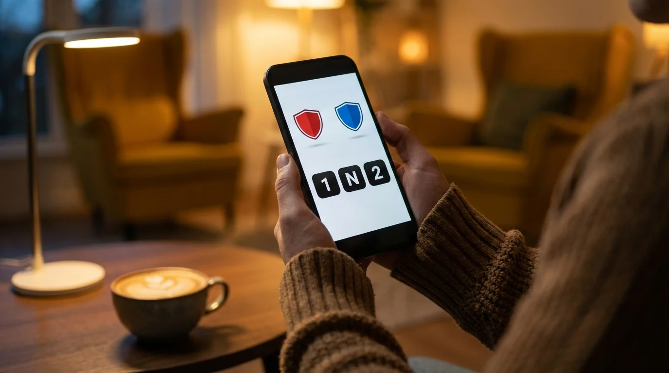 Personne consultant une interface de pronostic de match de football sur smartphone dans une ambiance confortable