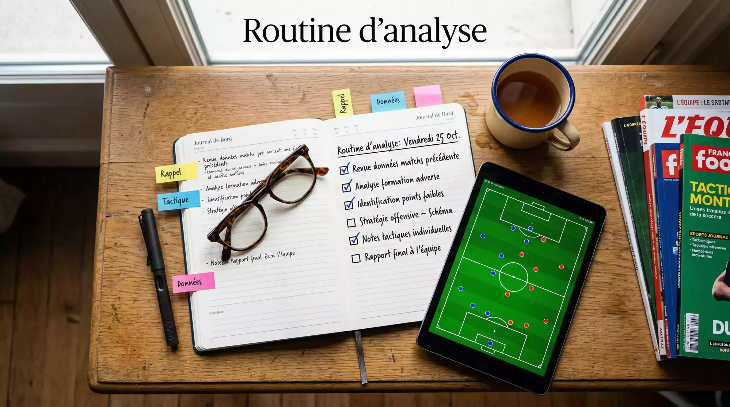 Vue du dessus d'un bureau organisé avec agenda, checklist, tablette avec schéma tactique et outils d'analyse méthodique