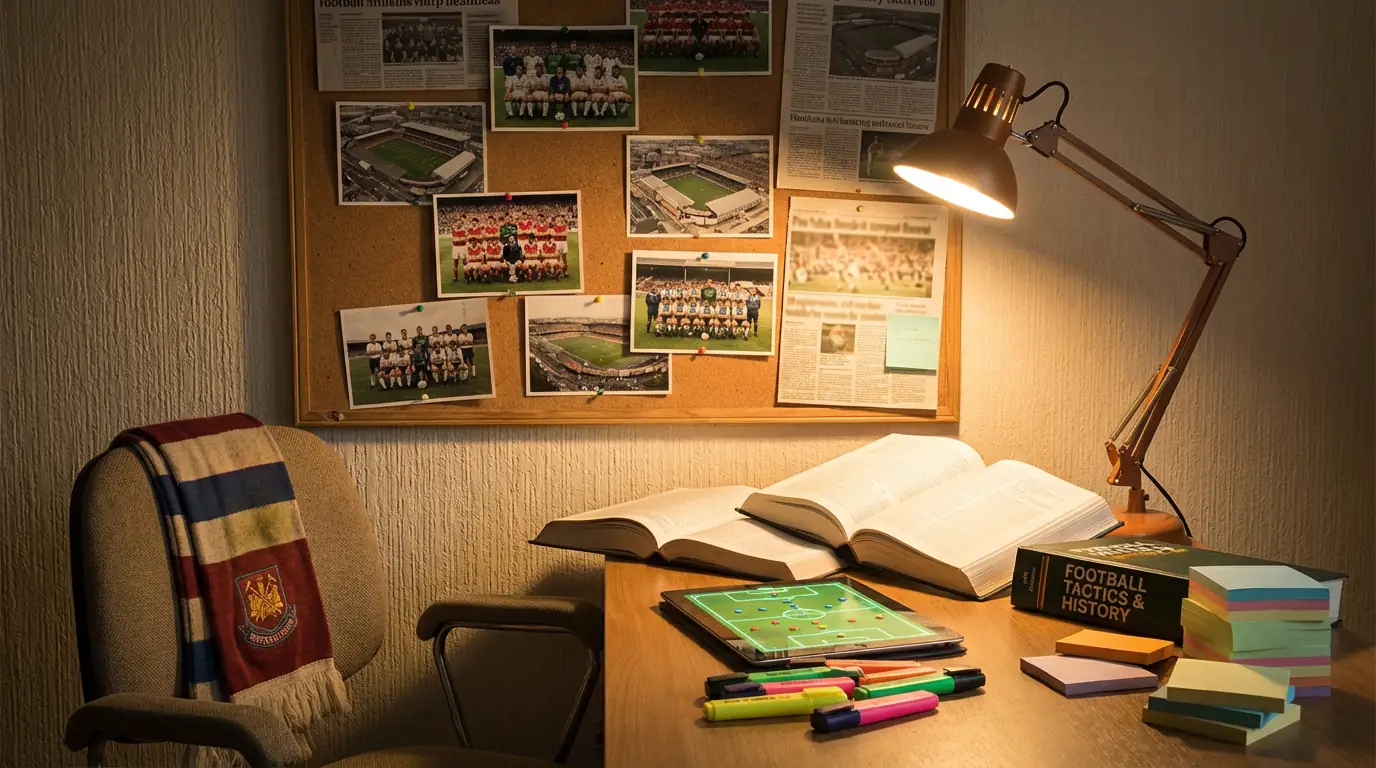 Espace de recherche dédié au football avec tableau d'affichage, livres de référence et diagrammes tactiques représentant l'expertise spécialisée