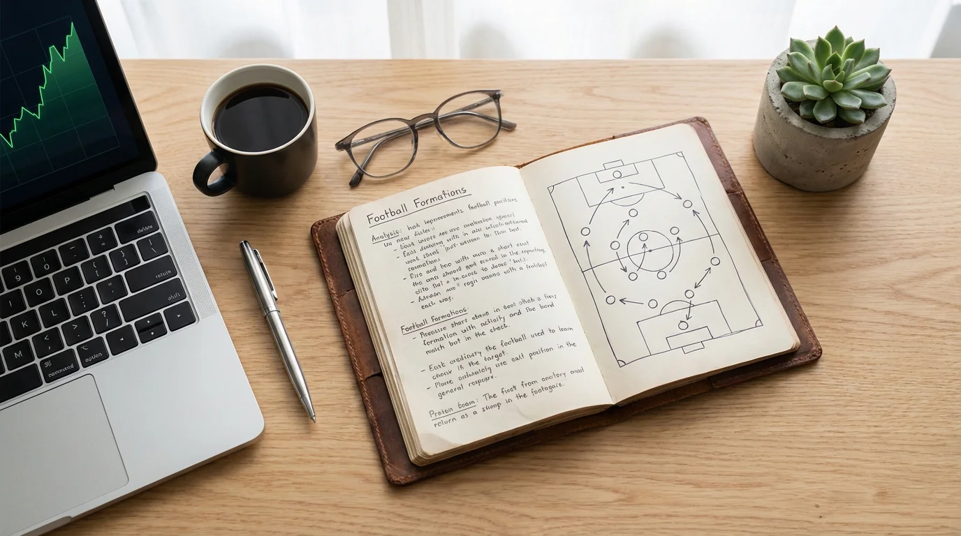 Espace de travail organisé avec carnet de notes, ordinateur portable et outils d'analyse pour la planification stratégique