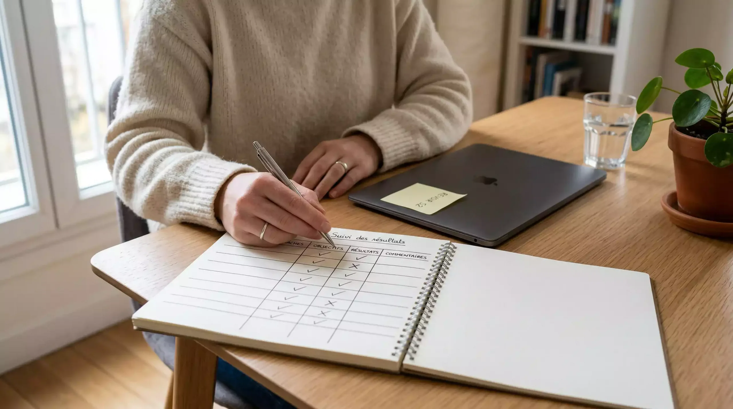 Personne passant en revue un carnet de suivi avec des marqueurs de progression représentant l'analyse méthodique des résultats