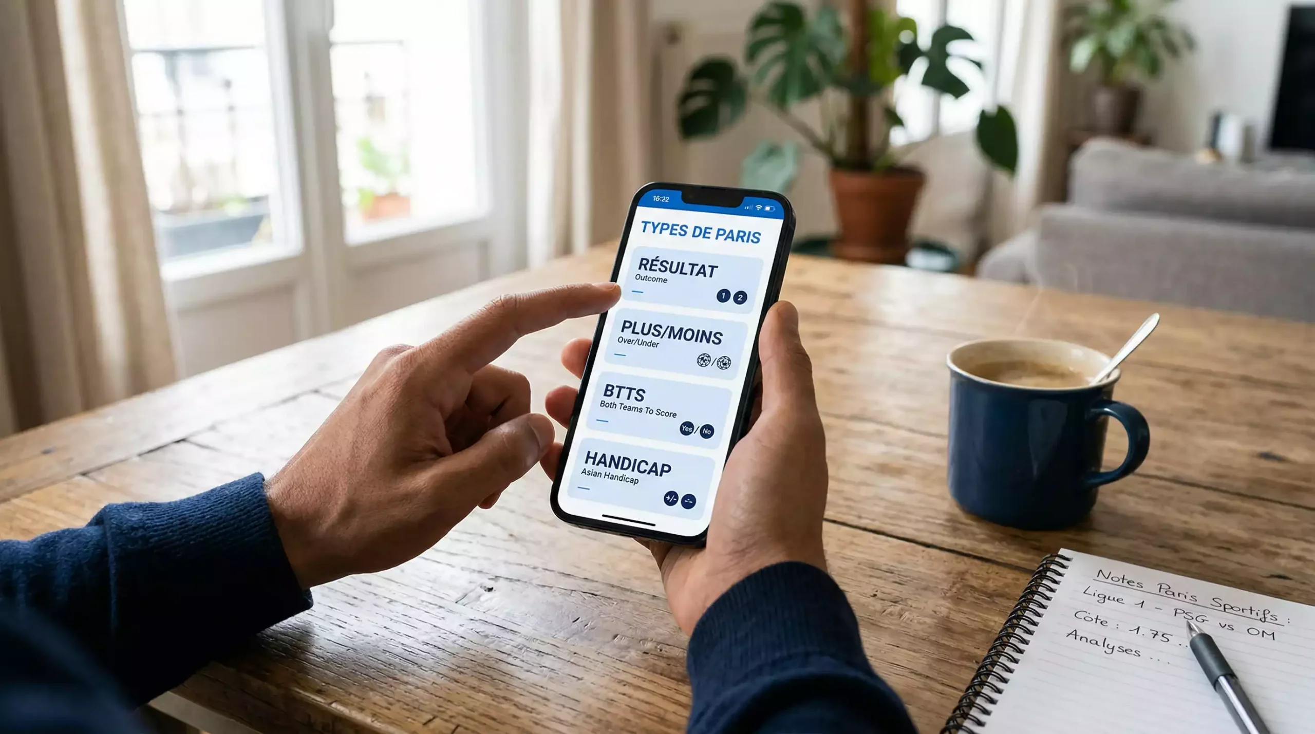 Personne consultant les différents types de paris sportifs sur smartphone avec interface de marchés de football